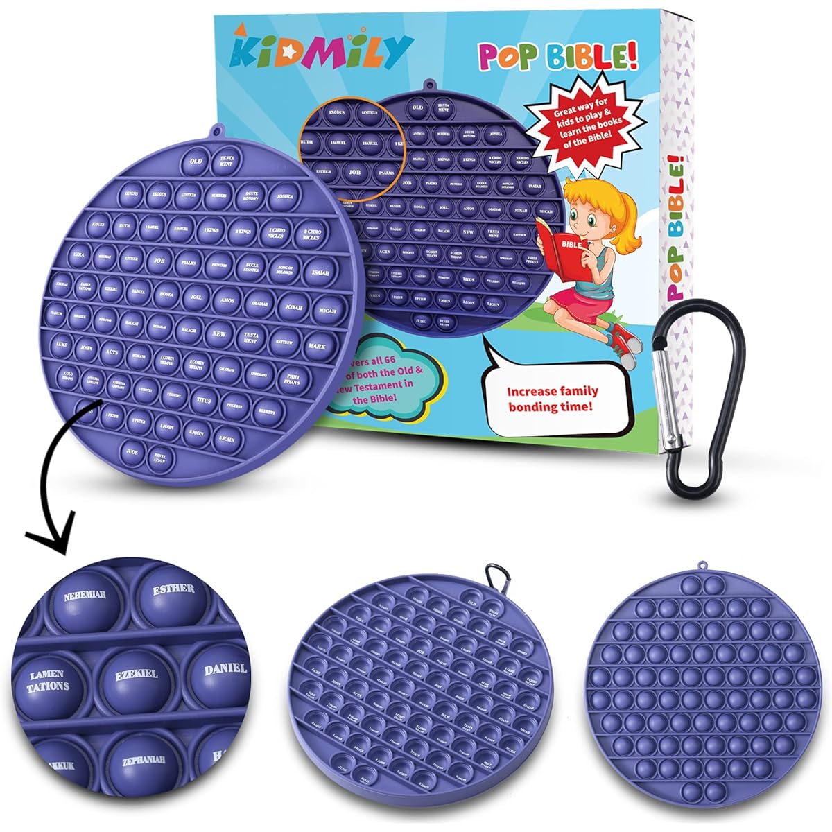 Kidmily 70 Popper Fidget Toy - Premium Popper for Bible - Fun and Relaxing Bubble Pop Book with Carabiner - Soft Silicone Fidget Counter Game - 8 x 8 x 1 Inch Pop It Toy