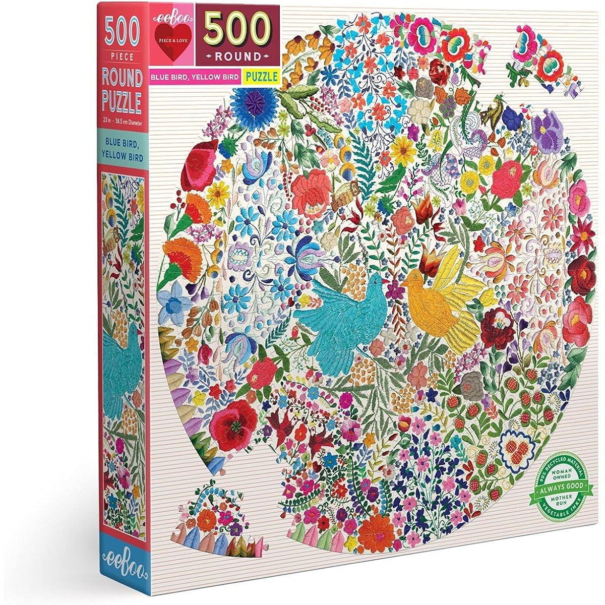 eeBoo - 500 piece round puzzle - blue bird yellow bird