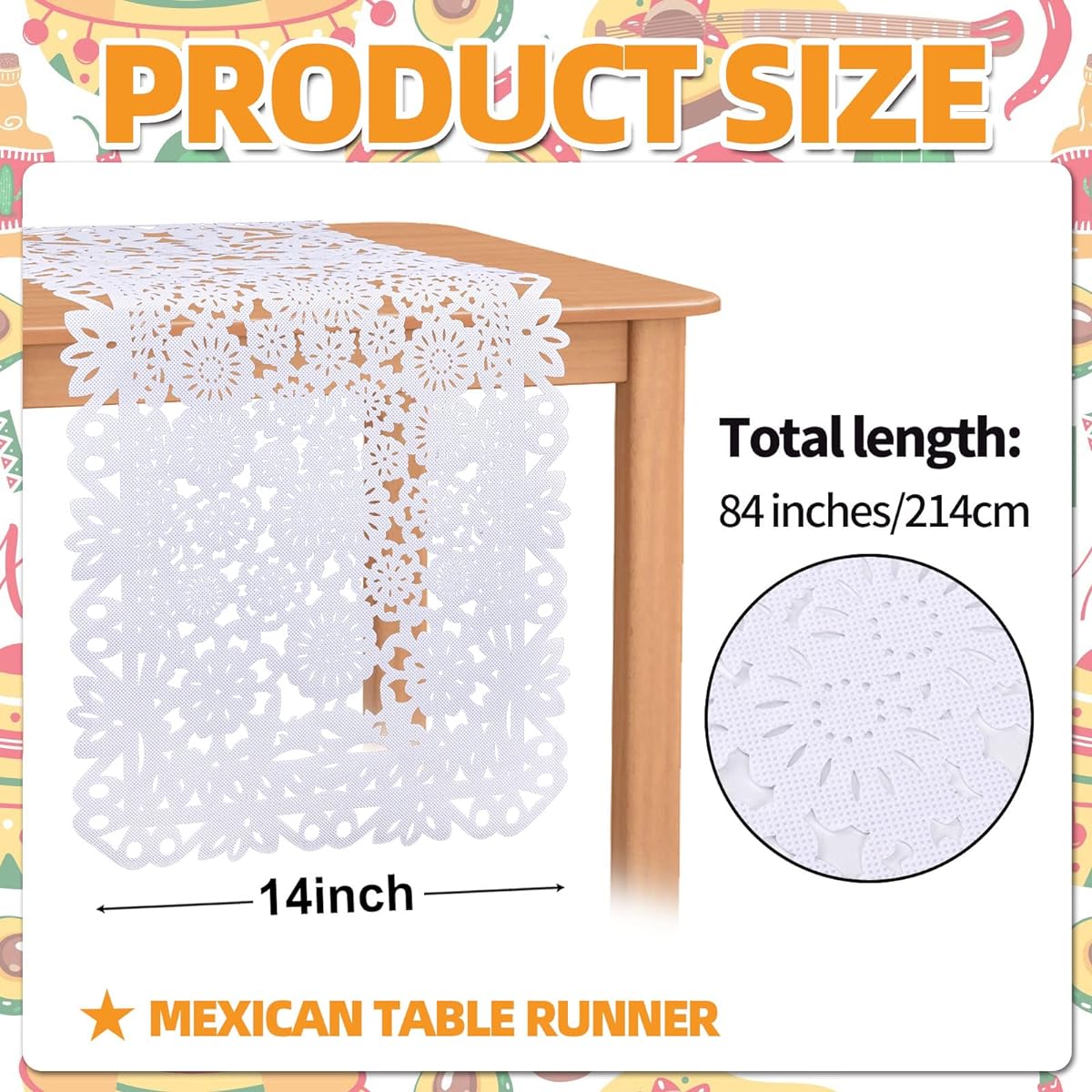 14 x 84 Inch Mexican Party Table Runner White Paper Picado Tablecloth Runner Fabric Table Decorations for Cinco de Mayo Mexican Wedding Fiesta Party Supplies (1)