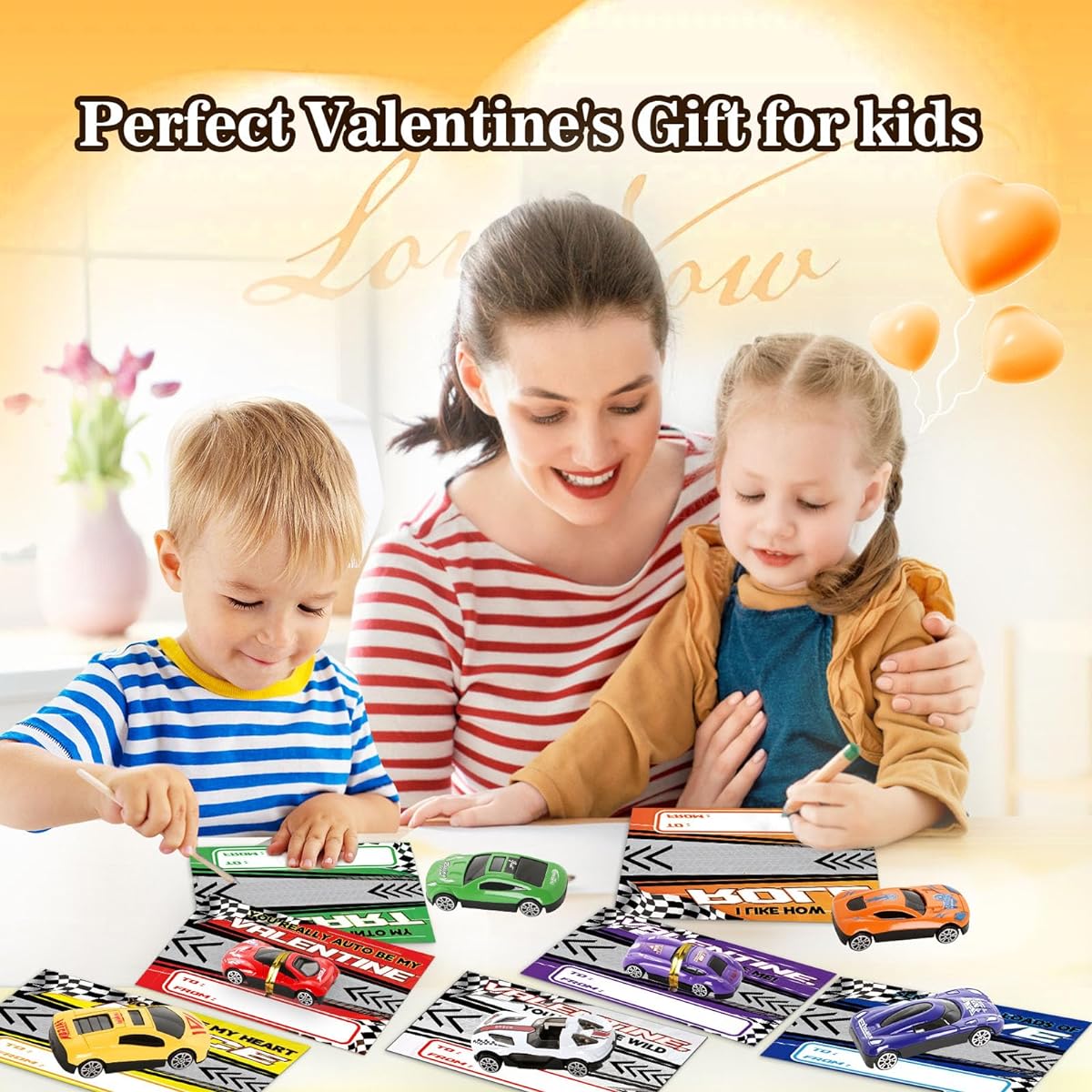 BAYSING Valentine Diecast Racing Cars Valentine's Day Cards 28 Pack Kids/Classroom Gift Exchange Valentine's Party Favors Classroom Rewards Giveaways