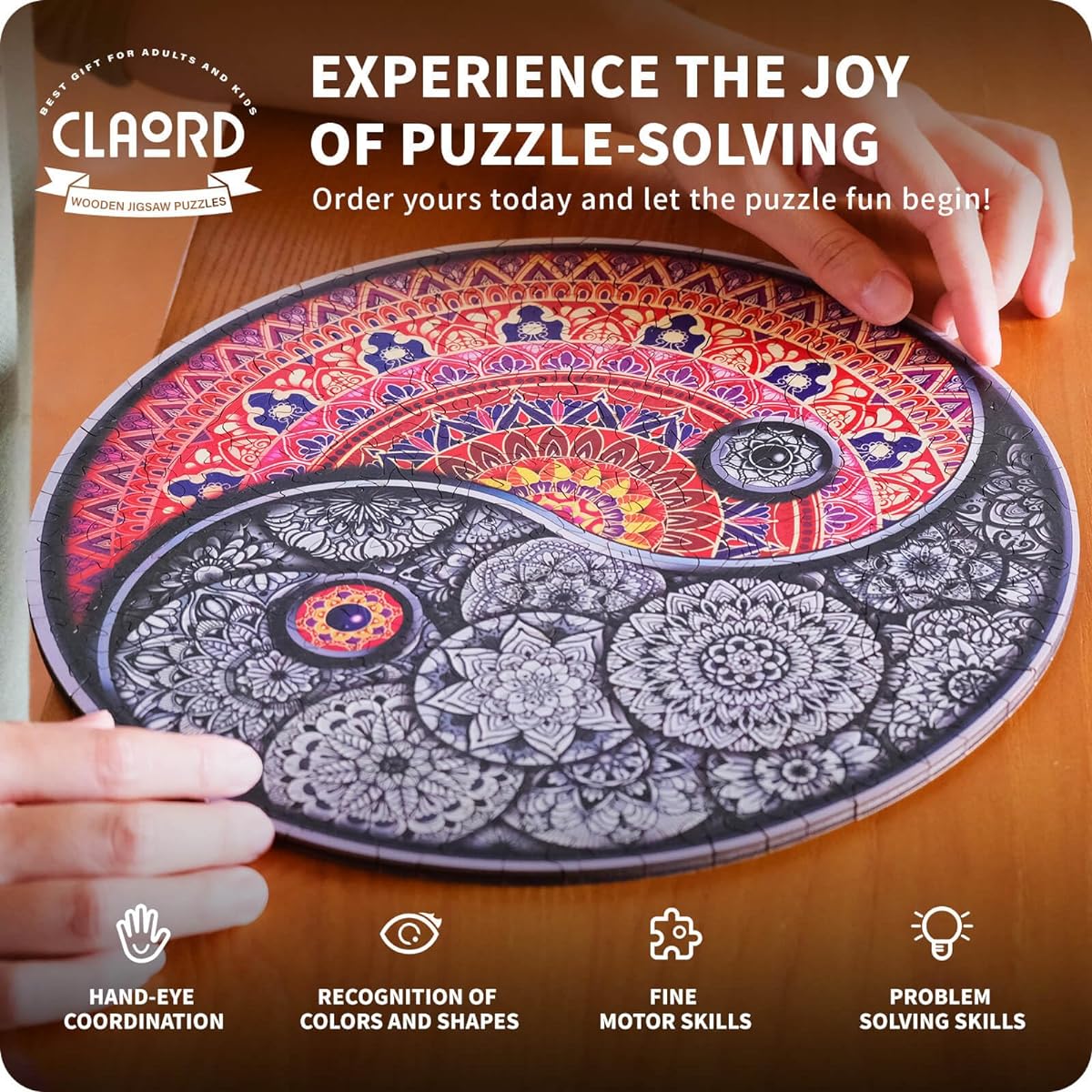 CLAORD Wooden Puzzles for Adults,200 Piece Yin Yang Mandala Puzzle,Unique Design, Best Gift for Holidays, Christmas, Birthdays, Wood Cut Jigsaw Puzzle for Adults,Trippy and Cool Shape