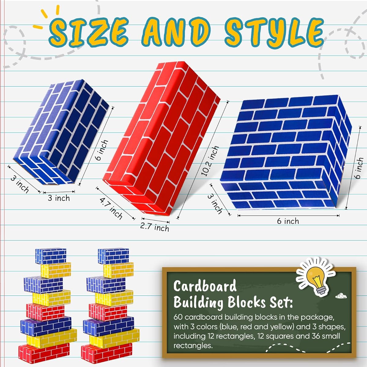 Nuanchu 60 Pieces Cardboard Building Blocks Large Cardboard Blocks for Kids Jumbo Squares and Rectangles for Thick Cardboard Pretend Block Building and Stacking Games (Various Shapes)