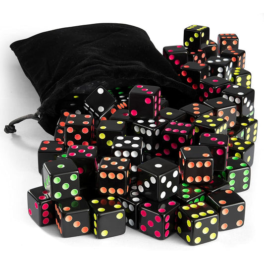 Neon Blackout Dice - 50 Dice Set - 5 Colors - Drawstring Storage Bag - 16mm 6-sided Square Dice Board Game Family Game Night Kids STEM Math Teaching Material