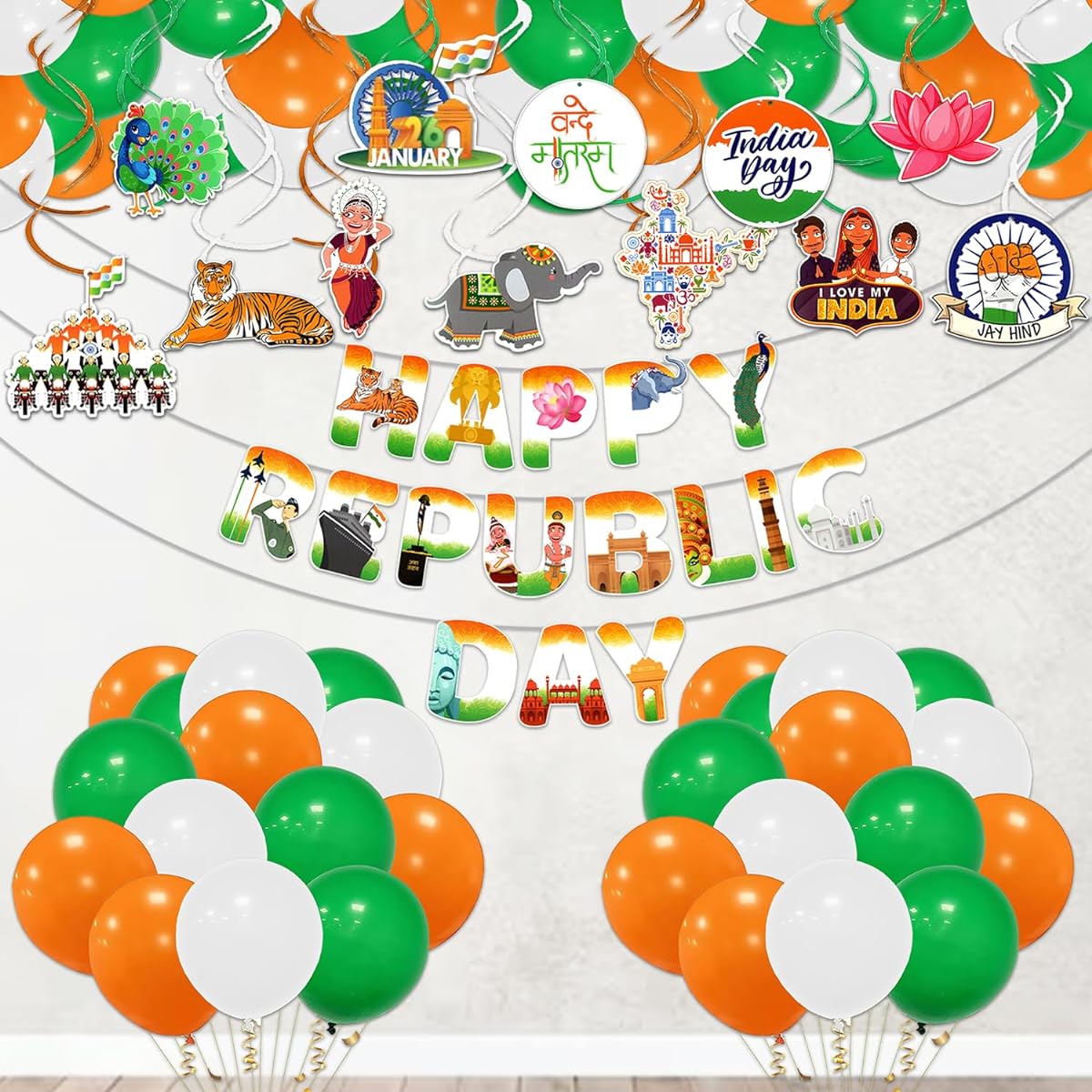 Rozi Decorations Happy Republic Day Banner Swirls with Cutouts Balloon Combo Decorations Kit Republic Day Celebration Items 75 Pack