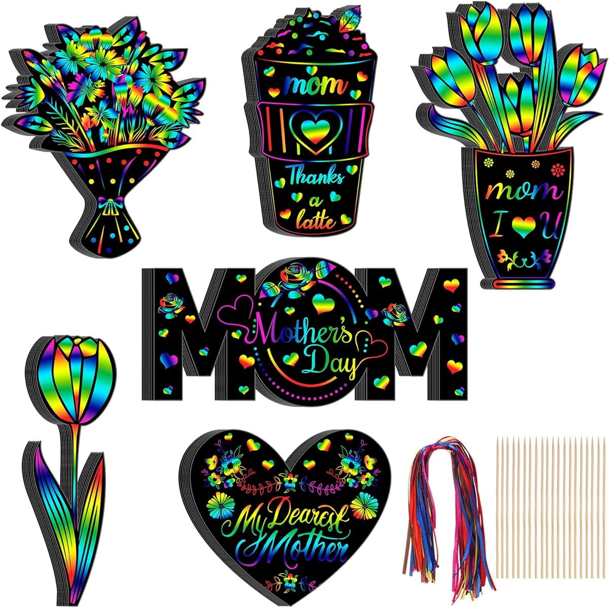 Motionchic 48 Pieces Mother's Day Scratch Cards for Kids, Happy Mother's Day Crafts Classroom Rainbow Scratch Cards Art Favors for Mother's Day Party Decorations