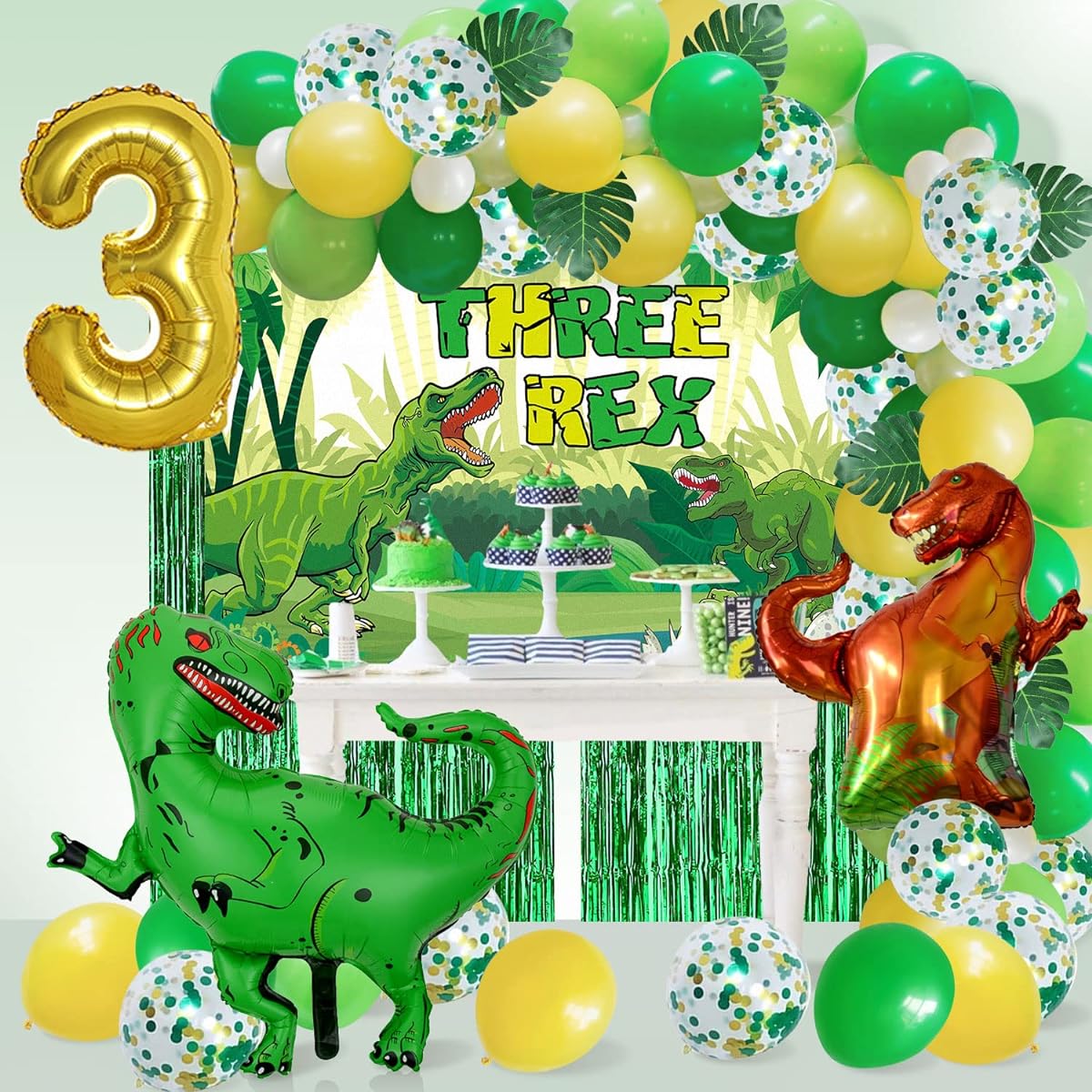 JUYRLE 3 Rex Birthday Party Decorations Boys Dinosaurs 3rd Birthday Party Decoration Supplies with Balloons Garland Arch/Background/Foil Curtain 3 Rex Dinosaurs 3 Year Old Boy Decorations