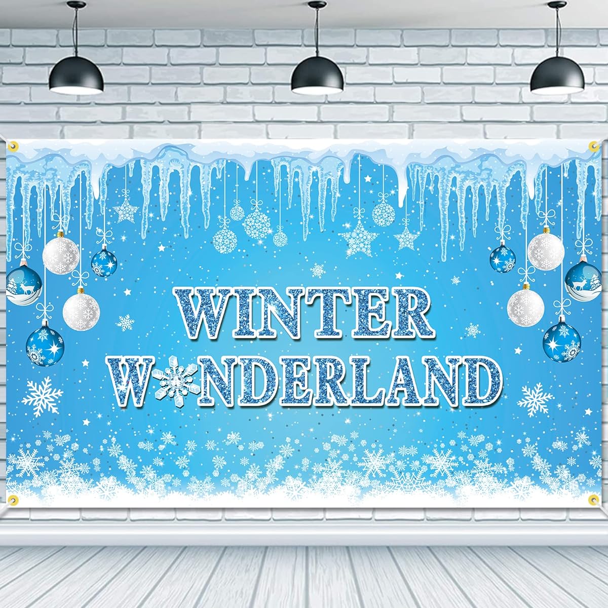 JKQ Blue Winter Wonderland Backdrop Banner 73 x 43 inches Large Winter Snowflake Backdrop Boys Girls Baby Shower Party Decoration Christmas Snow Scene Indoor Photo Booth Props