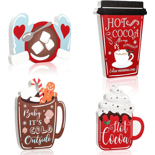 4 Pieces Christmas Hot Cocoa Tiered Tray Decorative Christmas Wood Sign Hot Cocoa Decor Warm Winter Tabletop Wood Block Sign Gingerbread Man Candy Holiday Table Centerpiece (Classic Style)