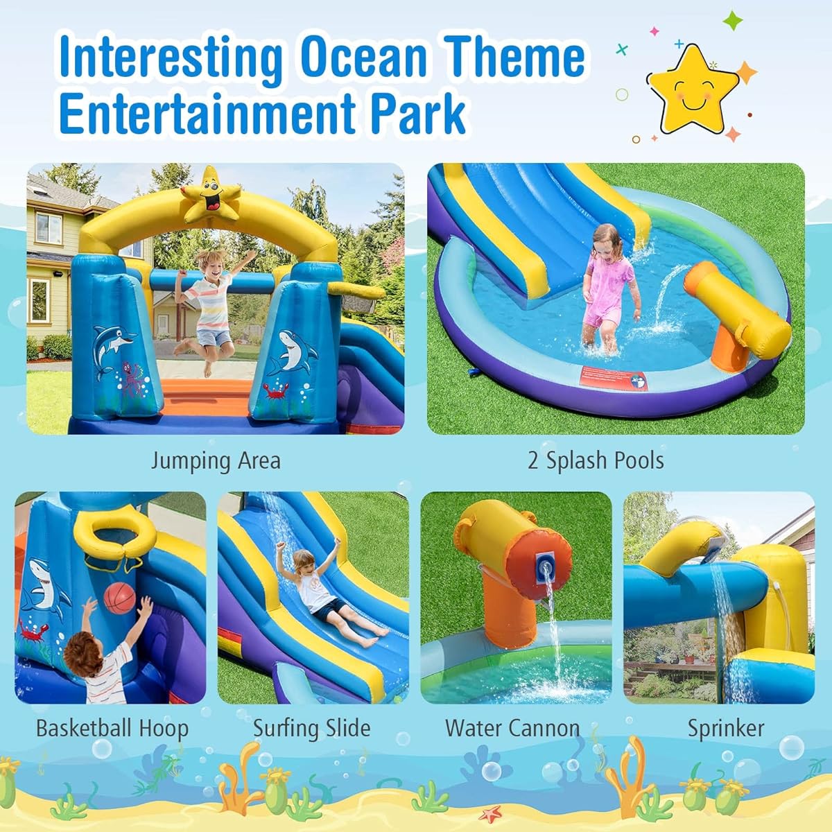 Costzon Inflatable Water Slide Water Bounce House with Water Slide & Ball Pit Wet Dry for Kids Indoor Outdoor Party Family with 735W Blower Toddler Jumping Bouncy Castle Kids Birthday Party Gift