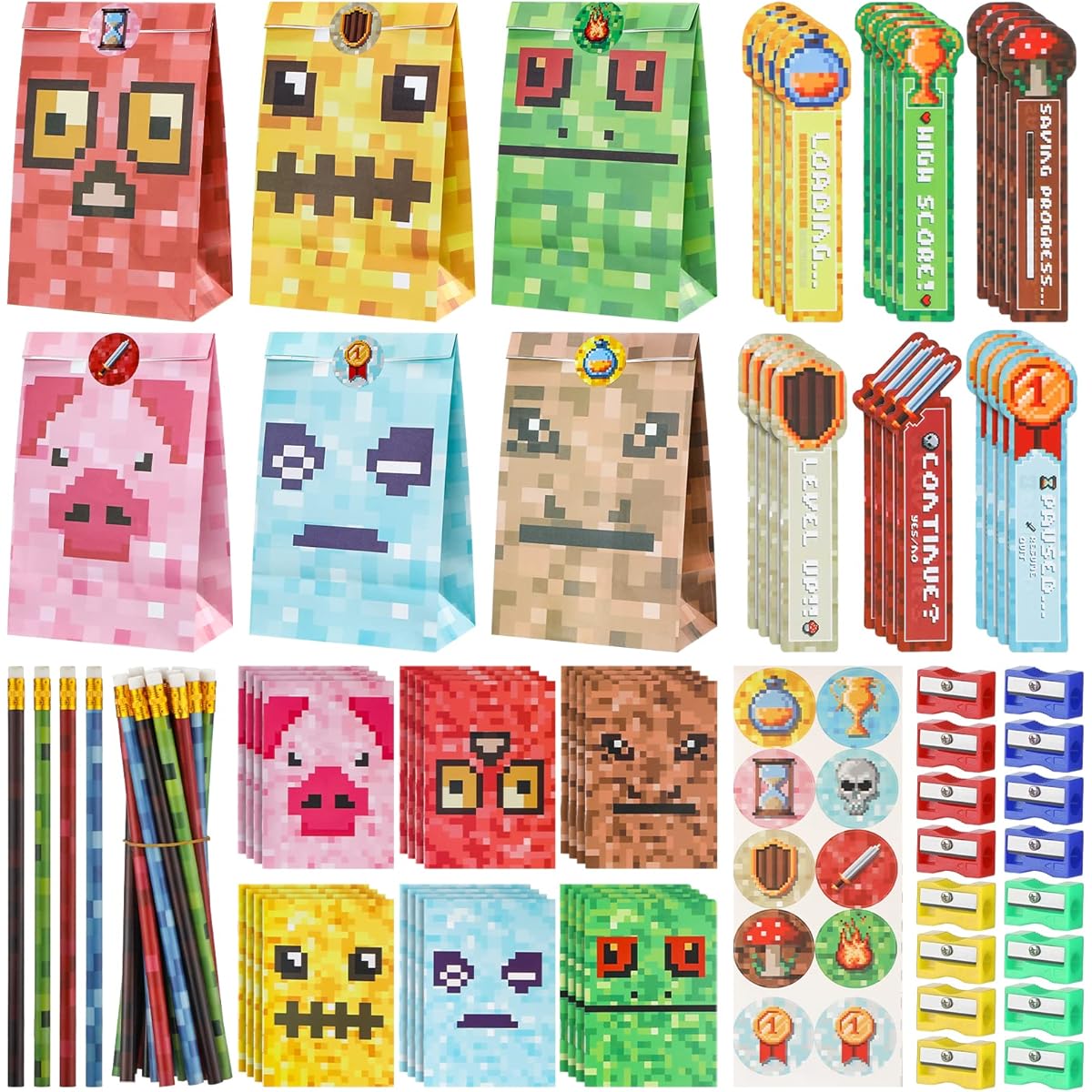 SATINIOR 156 Pieces Pixel Miner Party Favors, 24 Pixel Party Gift Bags with 36 Stickers, 24 Pixel Pencils, 24 Bookmarks, 24 Notebooks, 24 Sharpeners, Pixel Miner Kids Party Favors
