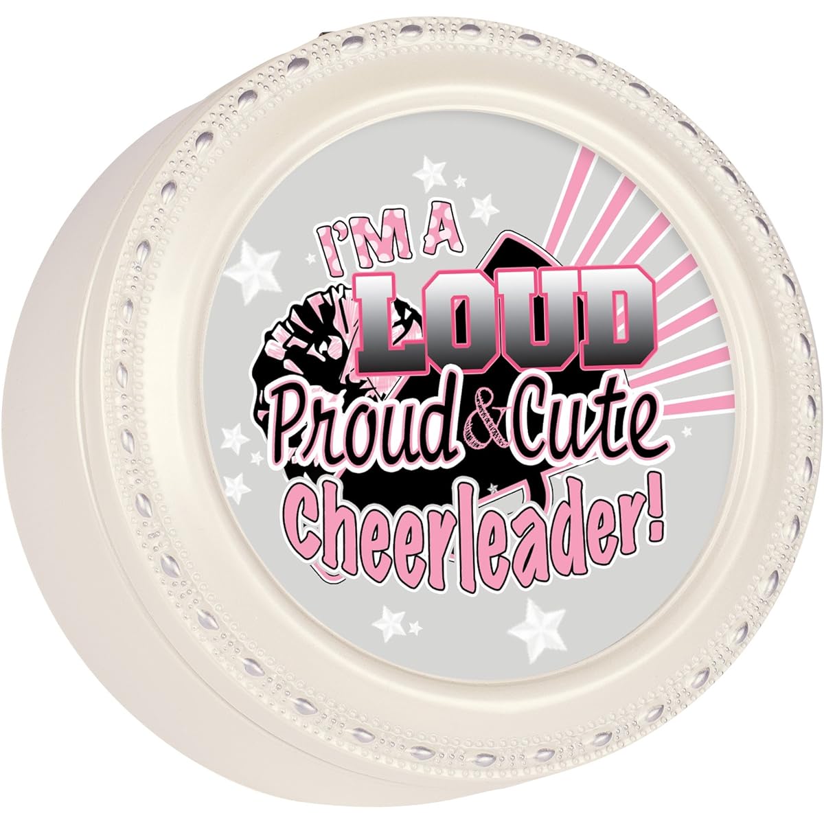 Loud Proud Cute Cheerleader Shiny Ivory Round Jewelry Music Box Plays Tune You Light Up My Life