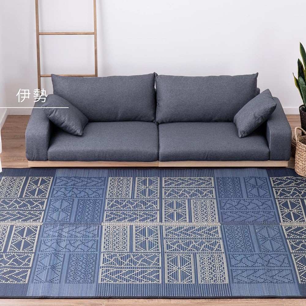 Hagiwara Rush Blue Approx. 176 x 220cm Rush Center Rug with Backing Traditional Japanese Pattern "Ise" 81938801
