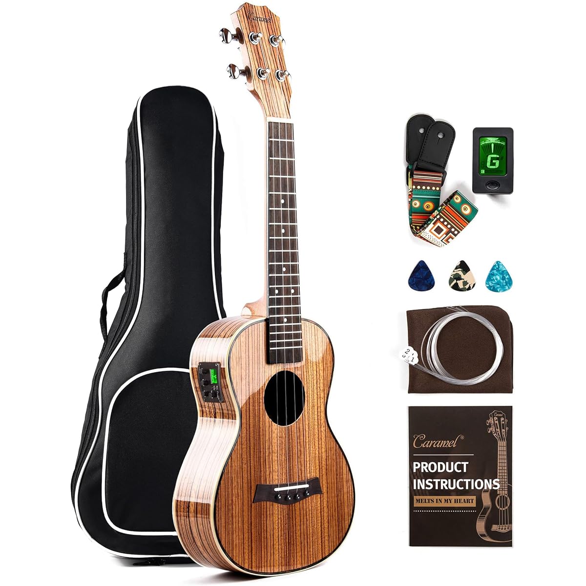 Caramel 26" CT103 Zebrawood High Gloss Tenor Electric Ukulele Professional Ukulele Kit for Beginners Guitar Starter Bundle with Aquila Strings, Padded Gig Bag, Straps and Wall Mount Set