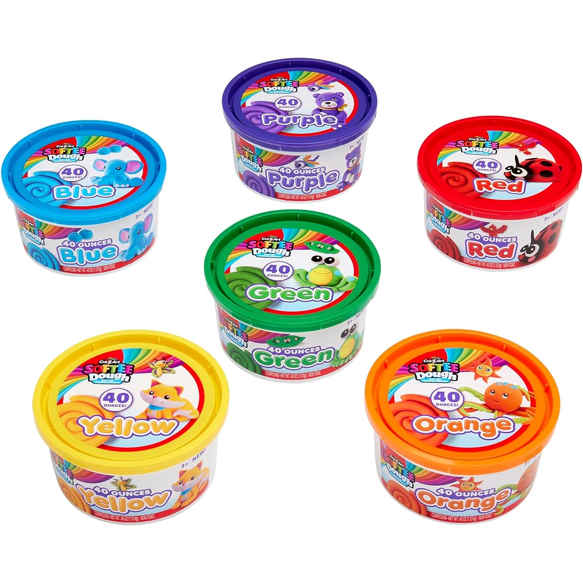 Softee Dough 2.5 lb Fabric Tab x 6 Colors Non-Toxic Soft Malleable Kids Art Saw Reusable Storage