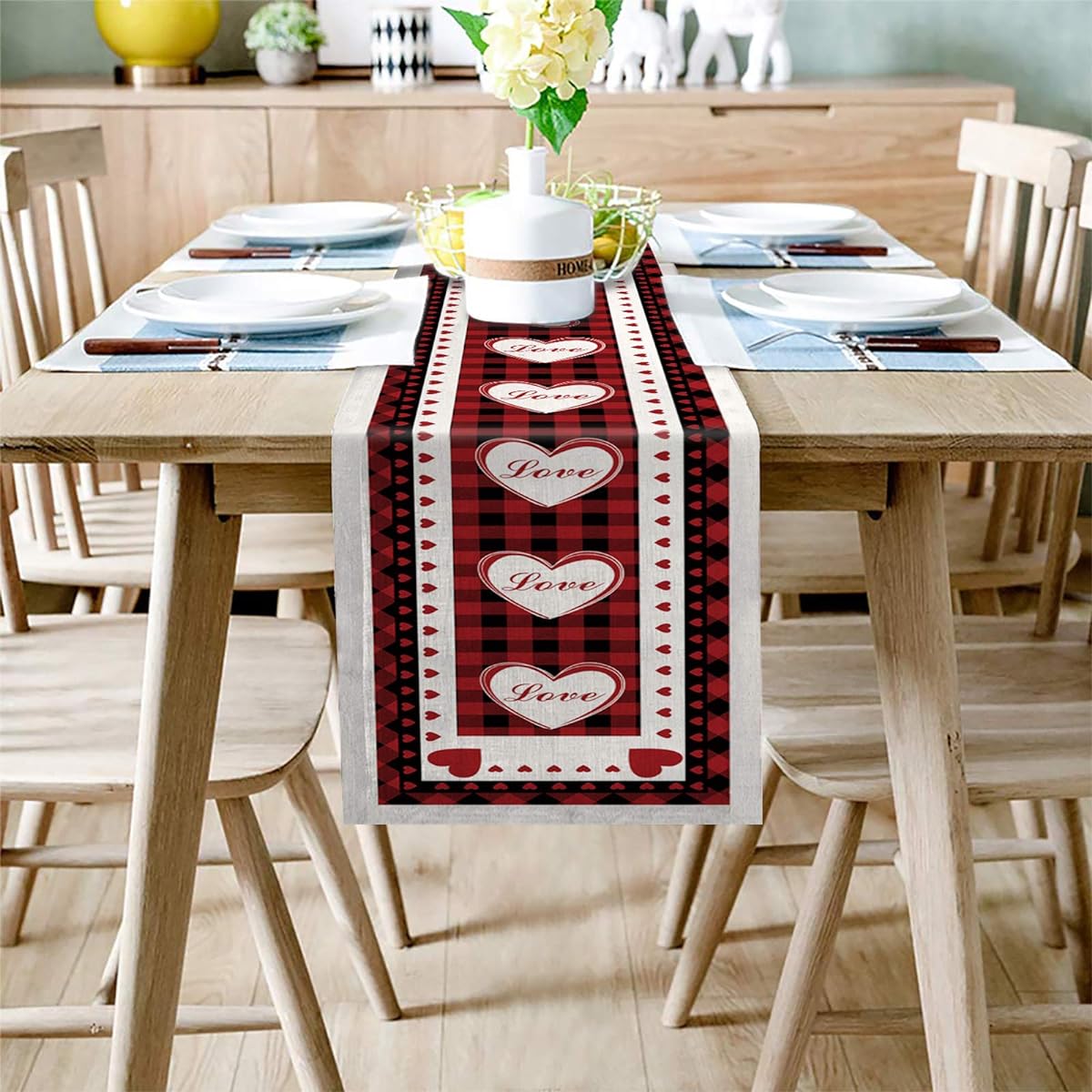 Table Runner for Family Holiday Party Burlap Dresser Scarf Valentine's Day Love Heart Red and Black Buffalo Check Table Runner for Wedding Reception Gathering Dining Table Decor 13x120 Inch