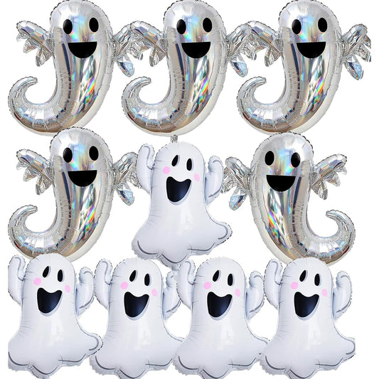 10pcs Halloween Ghost Foil Balloons, Halloween Party Mylar Balloons, Spooky White Ghost Balloons for Halloween Baby Shower Birthday Party Decorations