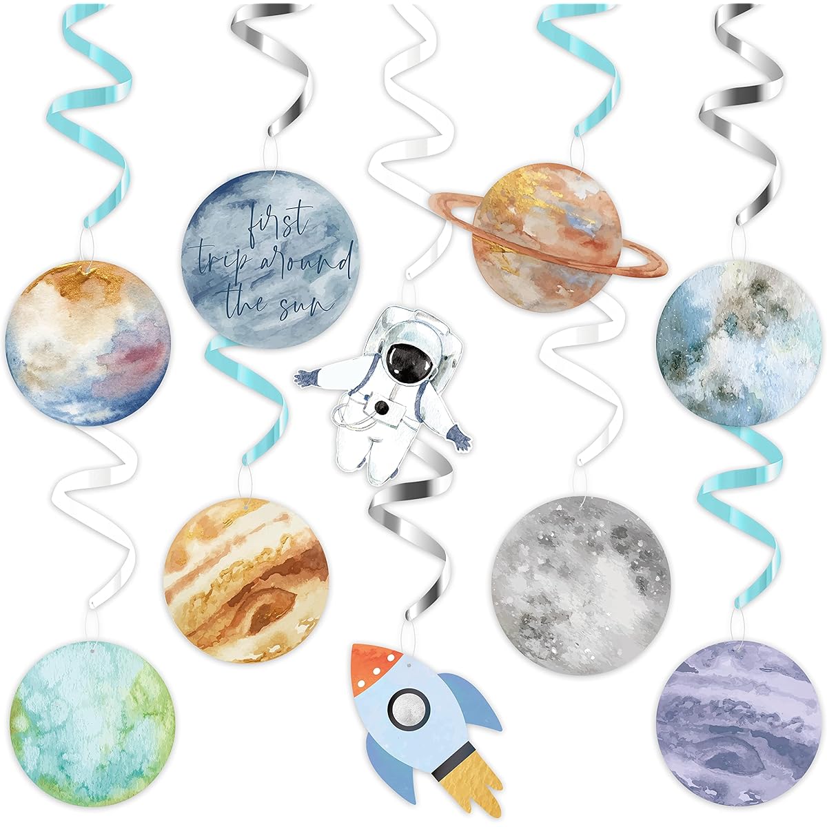 WATINC 30pcs First Journey Around the Sun Space Party Swirl Decor Space Theme Ceiling Wall Hanging Swirl Solar System Planet Party Hang Decoration Kids School Birthday Baby Shower Supplies