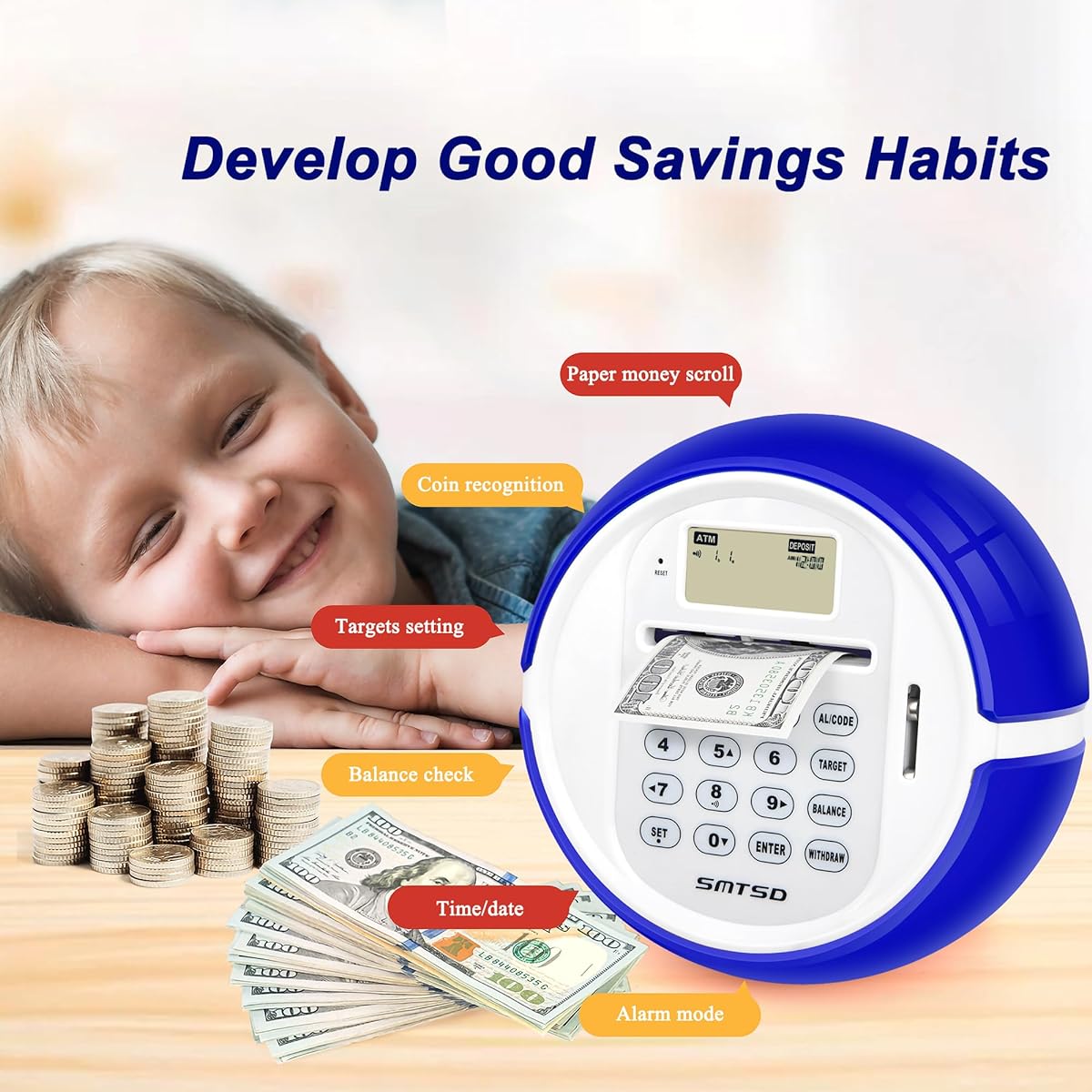 BKstar Piggy Bank for Boys and Girls, Electronic Mini ATM Cash Coin Safe Money Box with Password, Piggy Bank for Kids Birthday Toy Bank, Ages 3+