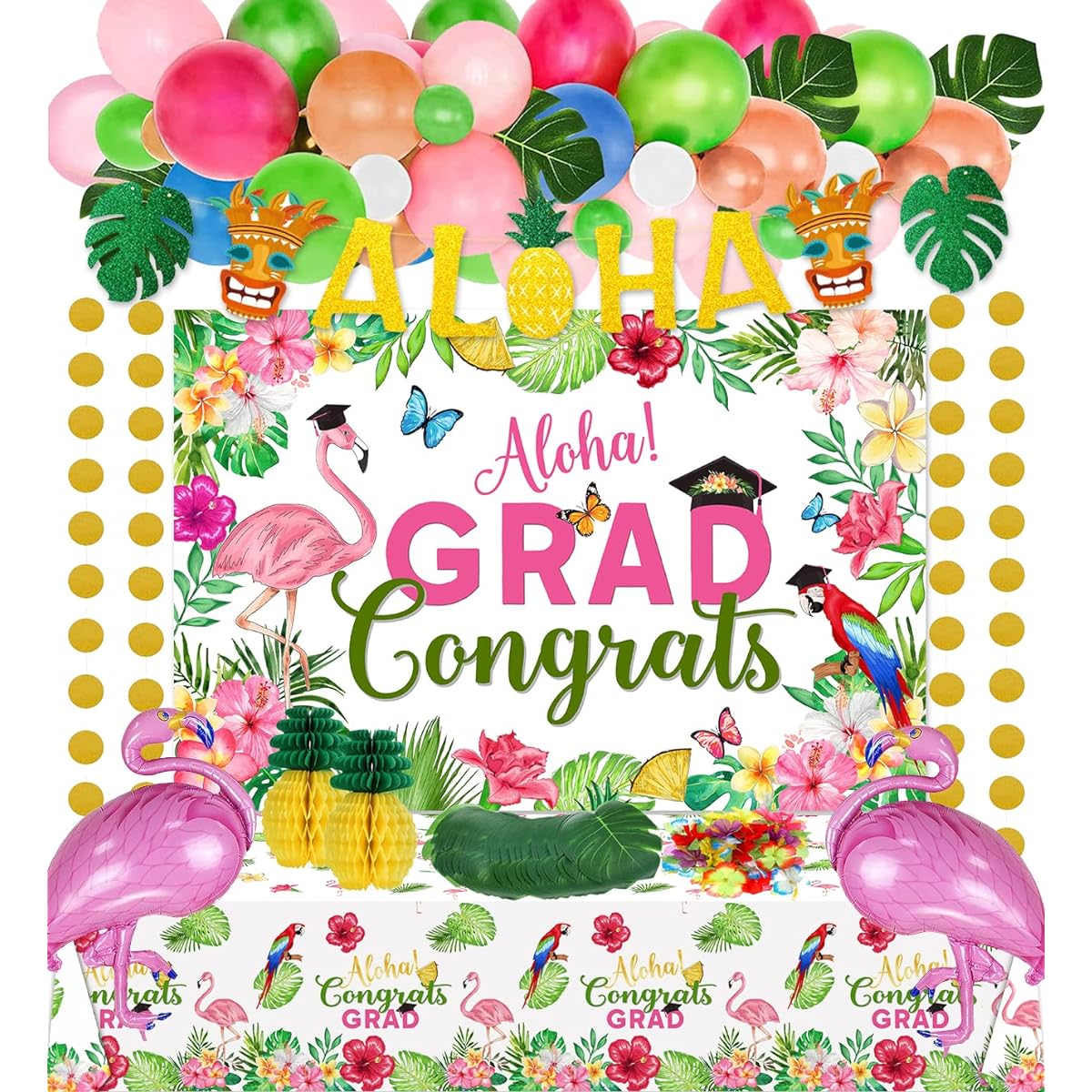 2023 Graduation Party Decoration Kit Luau Congrats Grad Banner Tablecloth Hawaiian Aloha Graduation Background Flamingo Pineapple Hibiscus Flower Balloon Set 2023 School Graduation Party Supplies