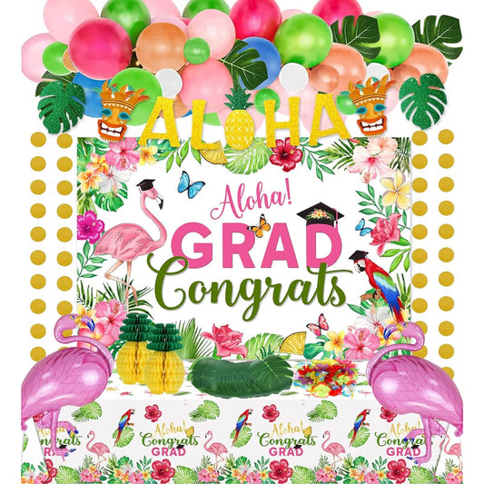 2023 Graduation Party Decoration Kit Luau Congrats Grad Banner Tablecloth Hawaiian Aloha Graduation Background Flamingo Pineapple Hibiscus Flower Balloon Set 2023 School Graduation Party Supplies