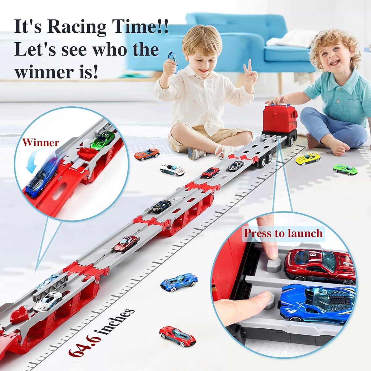 Melyis Toy Trucks with Ejection Race Track, Kids Cool Foldable Storage Toy Truck for Hot Wheels Cars, Car Carrier Transporter Toy Truck for Boys and Girls Age 4-9