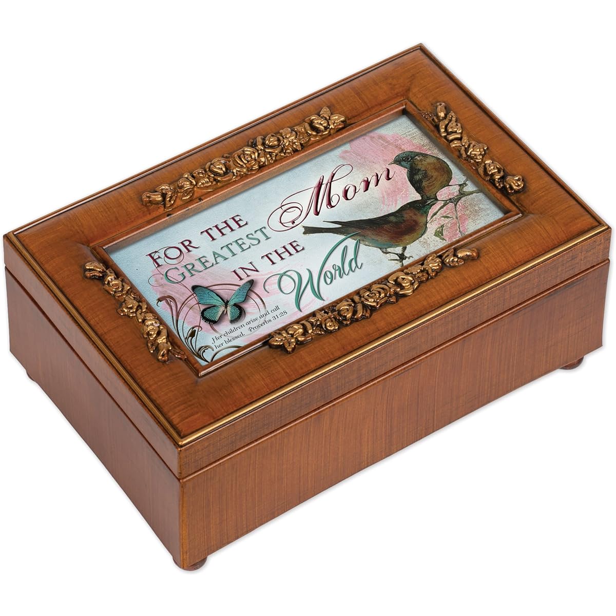 Greatest Mom Rich Walnut Finish Petite Jewelry Music Box - Plays Amazing Grace