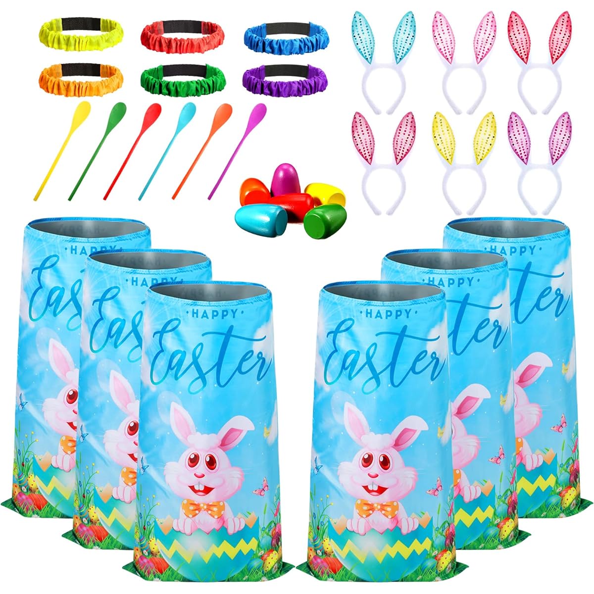 Easter Outdoor Games Bunny Potato Sack Race Bags Red Gold Blue Rose Pink Purple Bunny Ears Headband Easter Egg and Spoon Race Game Legged Relay Race Bands for Kids Adults Birthday Party Favors 30 Pack