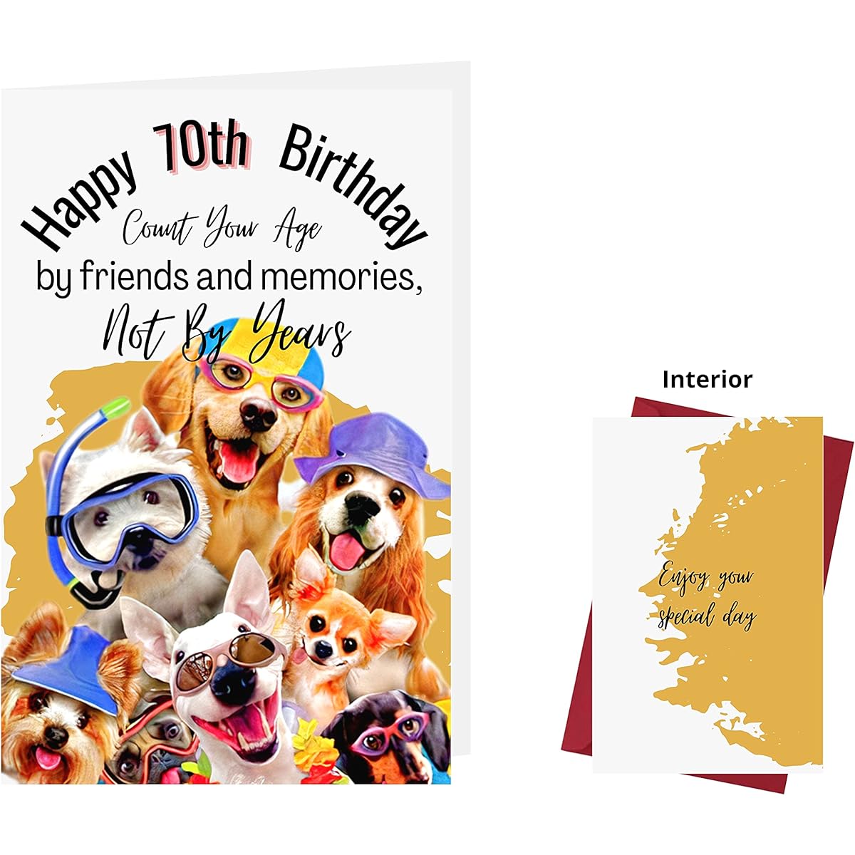 Party Dog 70th Birthday Card - Party Dog 70th Anniversary Card - Happy 70th Birthday Card - Party Dog 70th Birthday Card for Him, Her, Friend, Family, Coworker, Lover - Includes Red Envelope