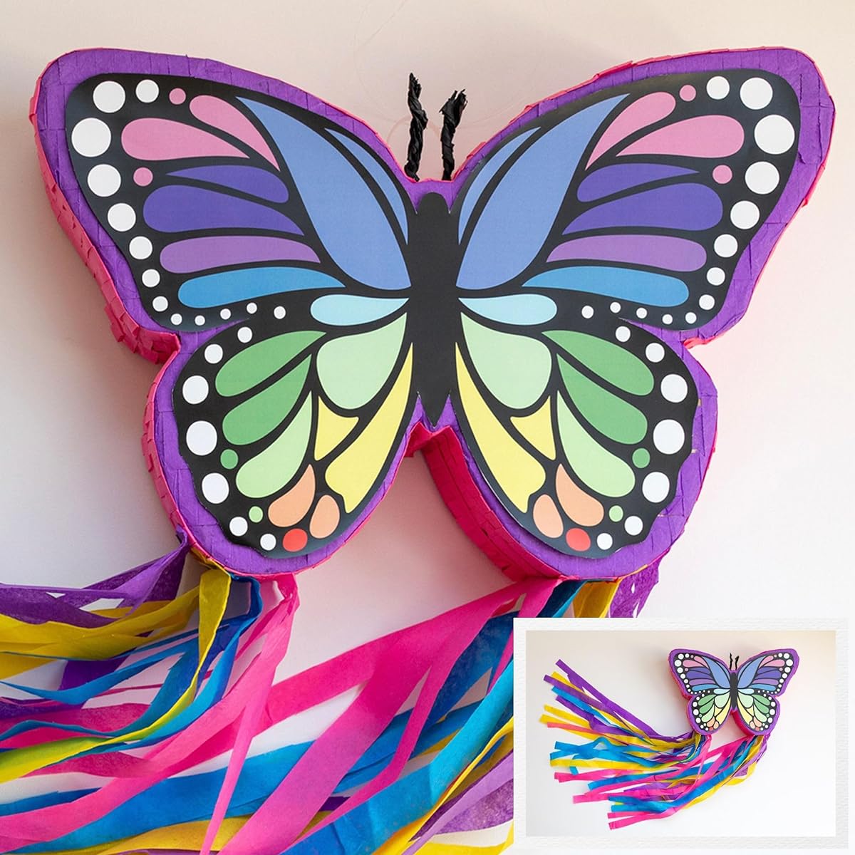 Riles & Bash Rainbow Butterfly Pinata with Colorful Streamers for a Butterfly or Rainbow Birthday