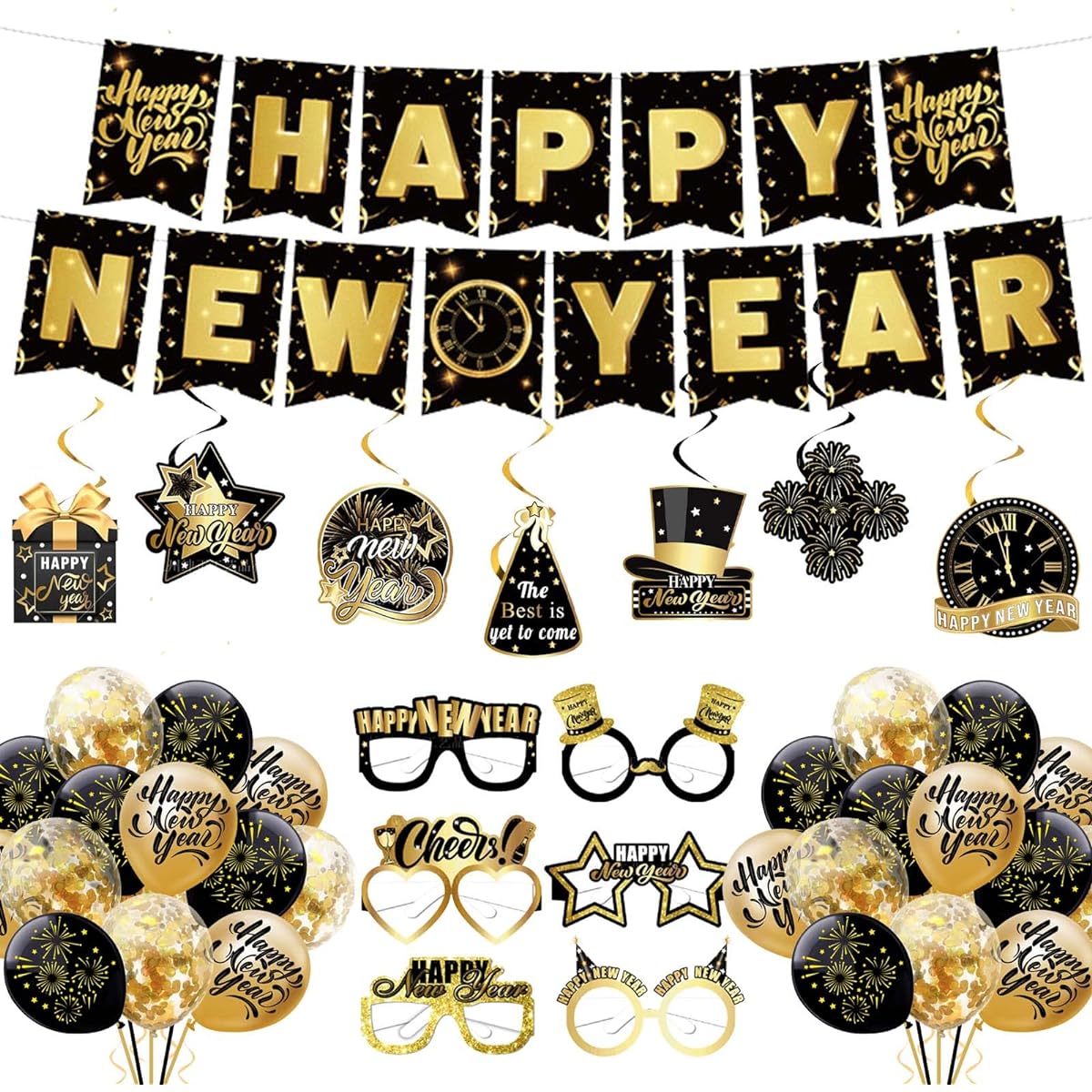 Chilfamy 2023 New Year Decorations Gold Black Happy New Year Party Supplies with Bunting Banner Swirl Glasses Photo Booth Props Balloons Set for New Year's Eve Party Celebration