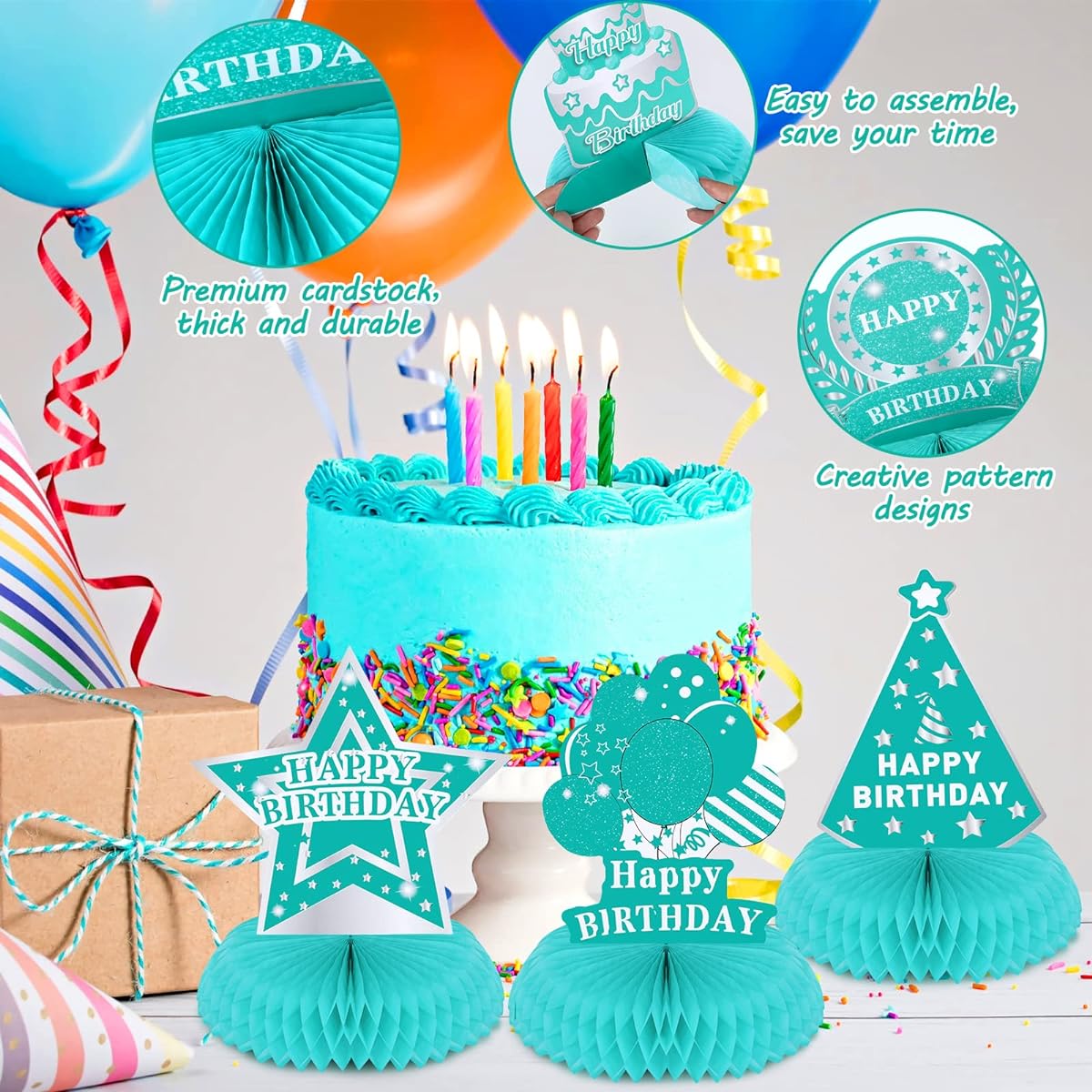 Teal Happy Birthday Decoration Table Honeycomb Centerpiece Turquoise Silver 3D Table Topper Sign Mint Blue Breakfast Blue Party Supplies Girls Boys Birthday Baby Shower Party Supplies 8 Pieces