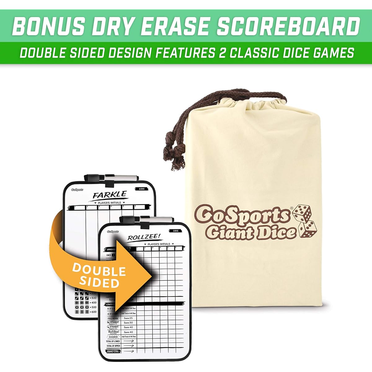 (Set of 2.5" Dice) - GoSports Giant Wooden Playing Dice Set with Bonus Rollzee Scoreboard - Includes 6 Dice, Dry-Erase Scoreboard and Canvas Carrying Bag (Choose 6.4cm Dice or 8.9cm Dice)