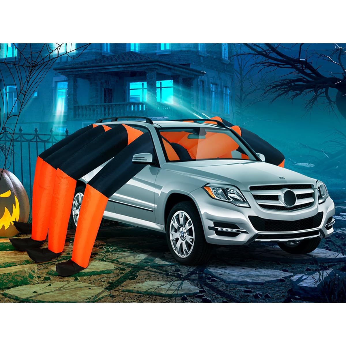 Jenaai 12ft Length Halloween Inflatable Spider Legs Car Decoration Kit Giant Black and Orange Inflatable Spider Halloween Car Decoration Outdoor Yard Lawn Yard Decoration