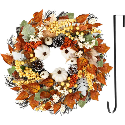 Tisancy Autumn Wreath, Fall Entryway Wreath, 16" Harvest Wreath, Pumpkin Pine Cone, Berry, Maple Leaf, Fall Decor Supplies, Indoor Outdoor Window Wall Farmhouse Thanksgiving Decor