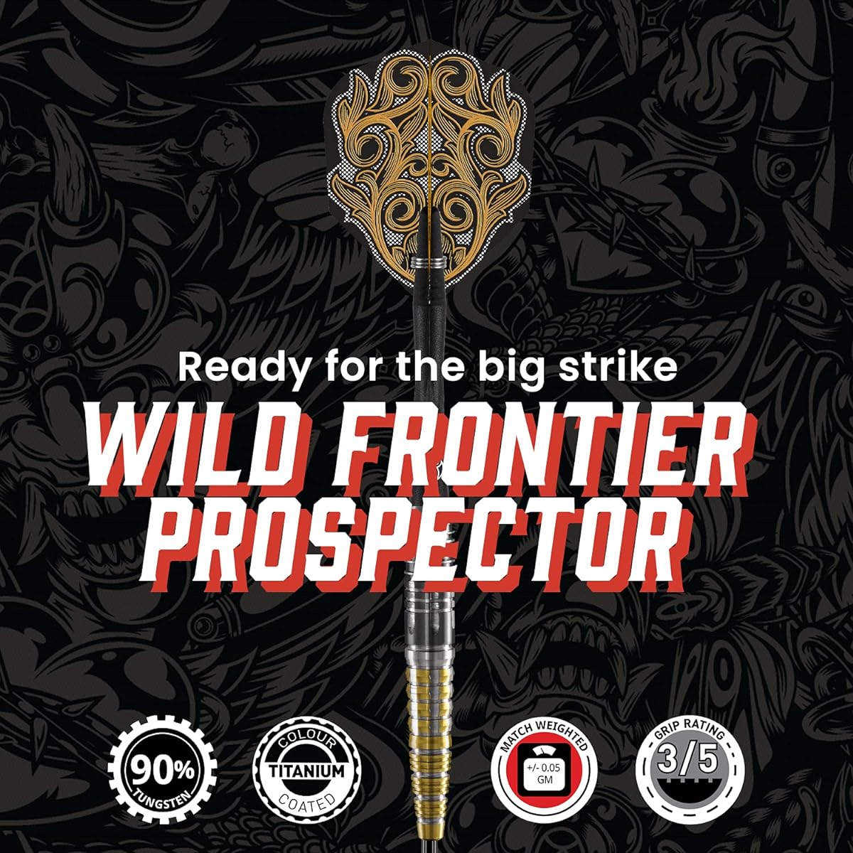 shot! Darts Wild Frontier Prospector Steel Tip Darts Setback Weight 90% Tungsten Barrel.