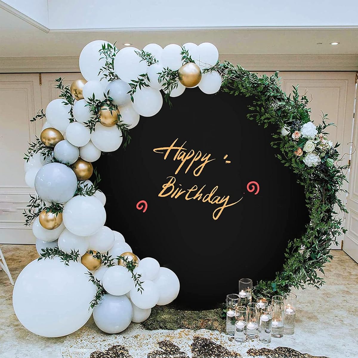 Black Round Backdrop Cover 7ft Wedding Arch Circle Background with 2 Clips Polyester Fabric for Birthday/Baby Shower/Gender Reveal Party Decorations/Photo Shoot Background