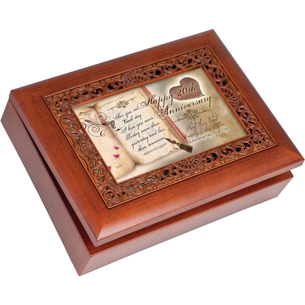 Happy 20th Anniversary Rich Woodgrain Finish with Ornate Inlay Music Jewelry Box - Plays Amazing Grace
