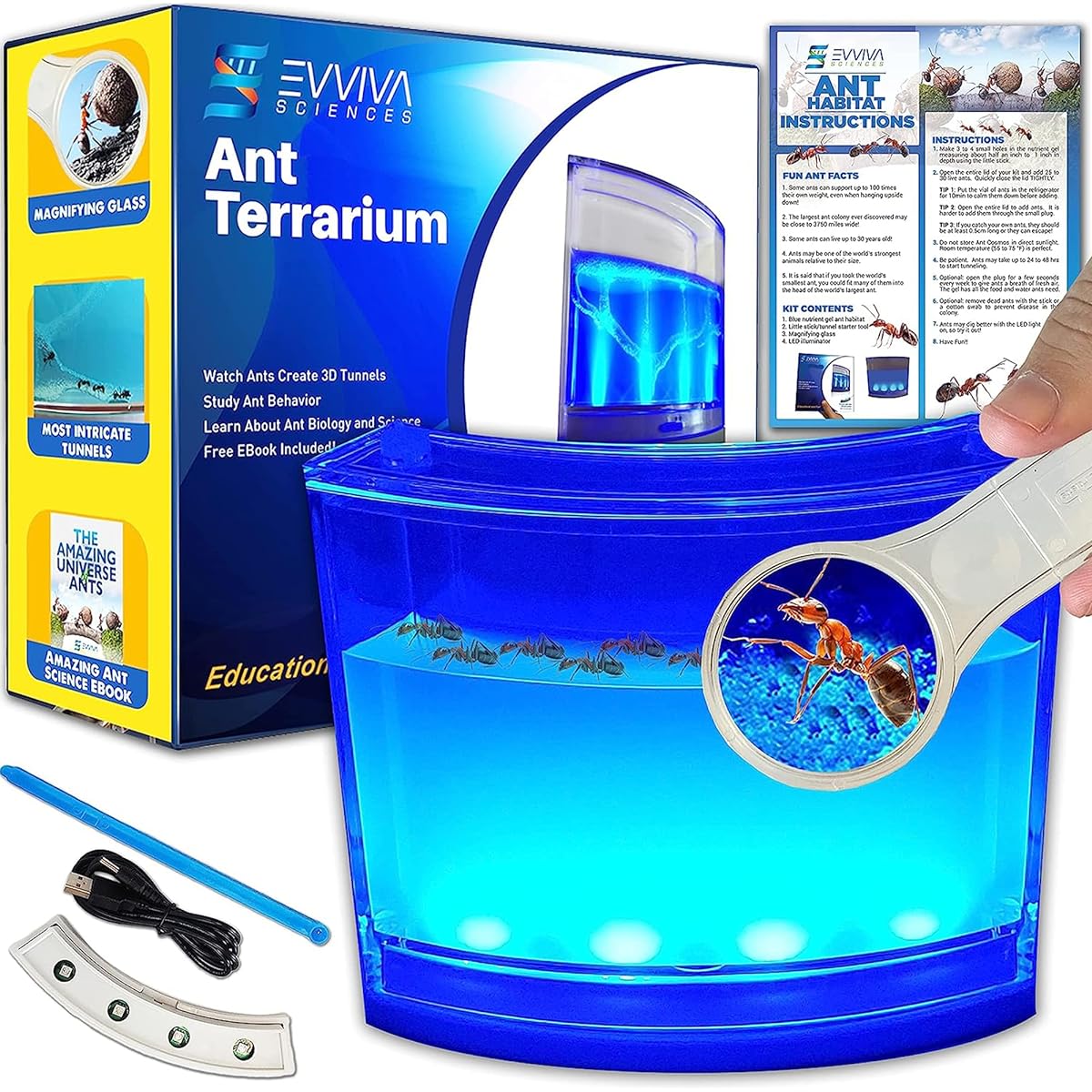 Ant Farm W/ LED Light. Enjoy A Magnificent Habitat. Great For Kids & Adults. Evviva Ant Ecosystem W/ Enhanced Blue Gel. Great Educational & Learning Science Kit. Live Harvester Ants Not Included.