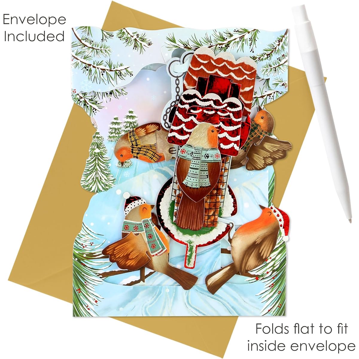 Santoro Swing Card - 3D Pop-up Christmas Card - Robins