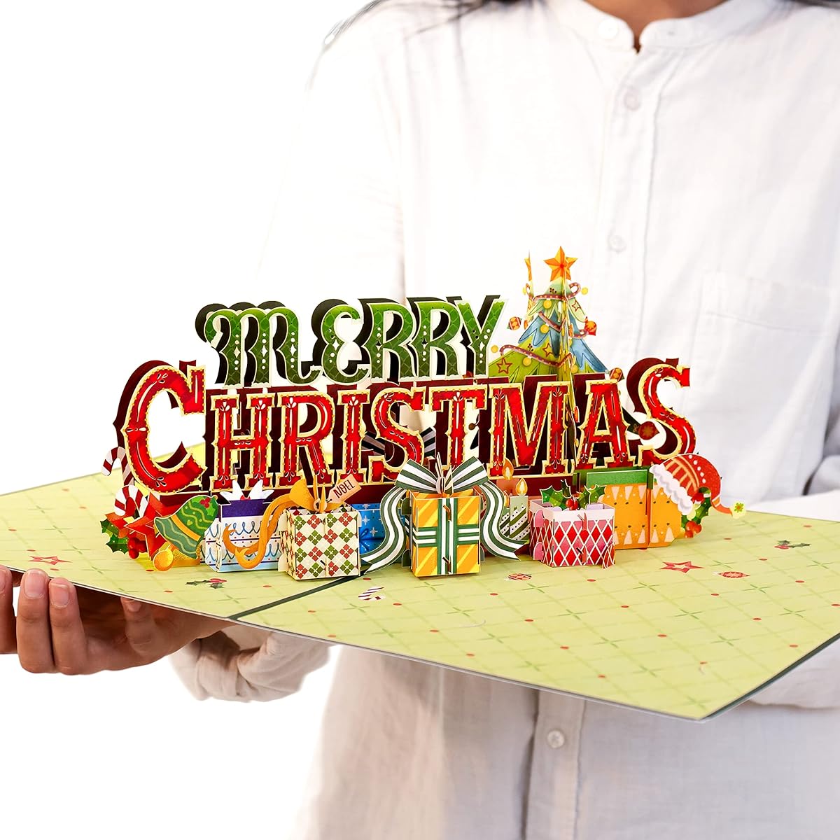Paper Love Jumbo Extra Large Pop Up Christmas Cards Merry Christmas Winter Holidays Christmas Gifts 10" x 14" with Cover, Envelope and Note Tag
