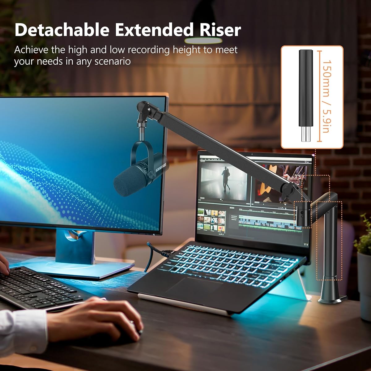 Aisryntek Microphone Boom Arm Low Profile Mic Stand 360 Degree Rotation Cable Management with Mic Clip 3/8" to 5/8" & 1/4" Adapter for Blue Yeti HyperX QuadCast Shure Elago