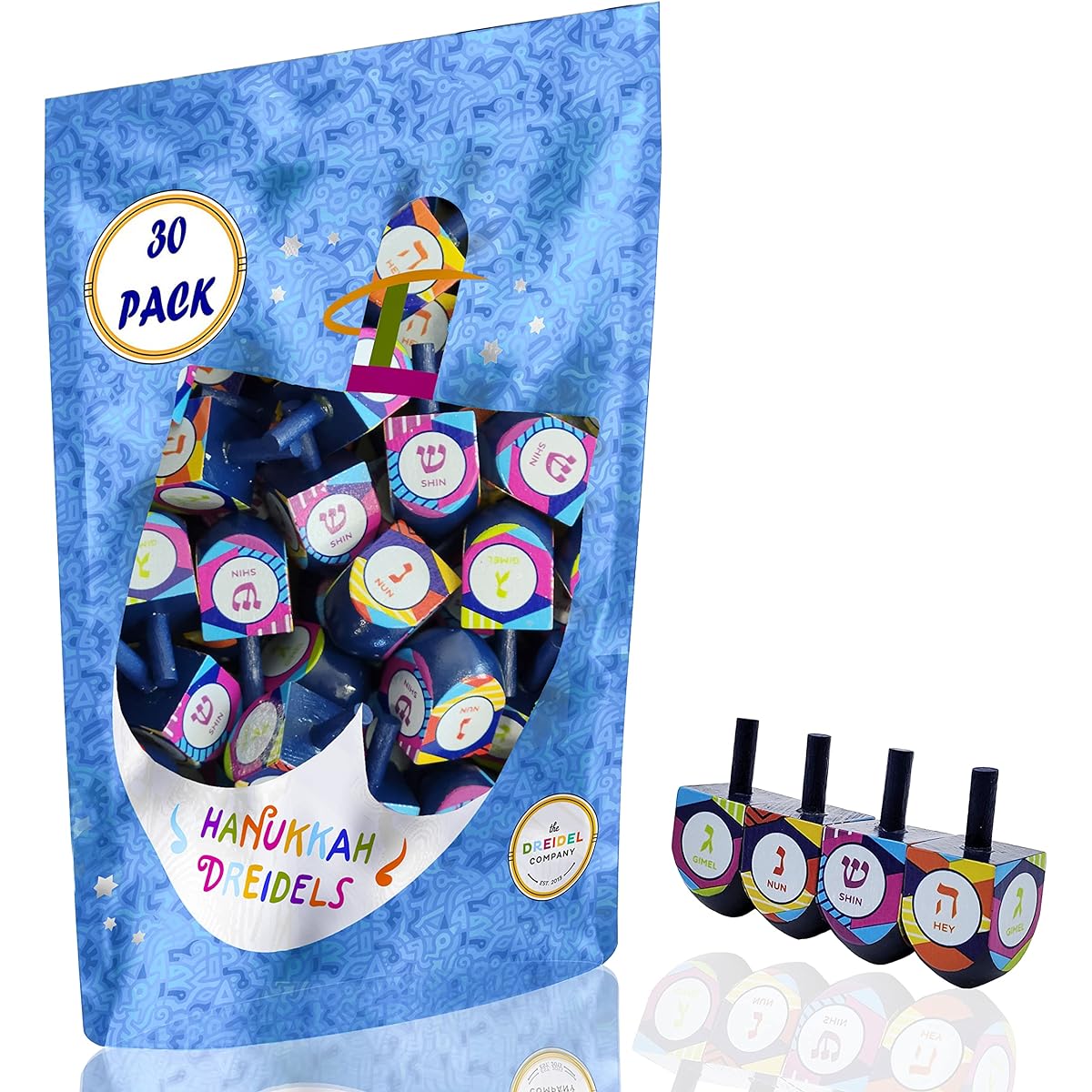 The Dreidel Company Multicolor Hand Painted Wooden Hanukkah Game Let's Play Dreidel (Pack of 30)