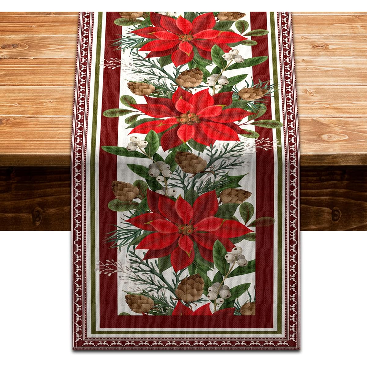 Christmas Poinsettia Flower Red Table Runner Christmas Holiday Kitchen Dining Table Runner for Indoor Outdoor Home Party Farmhouse Decoration Supplies 13x72 Inch