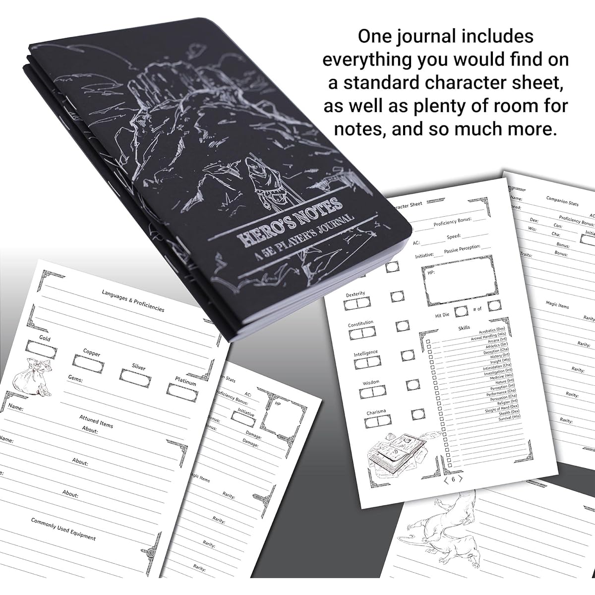 DungeonCraft Players Journal RPG Character Sheet Details: Black, 5e Roleplaying Campaign Notebook