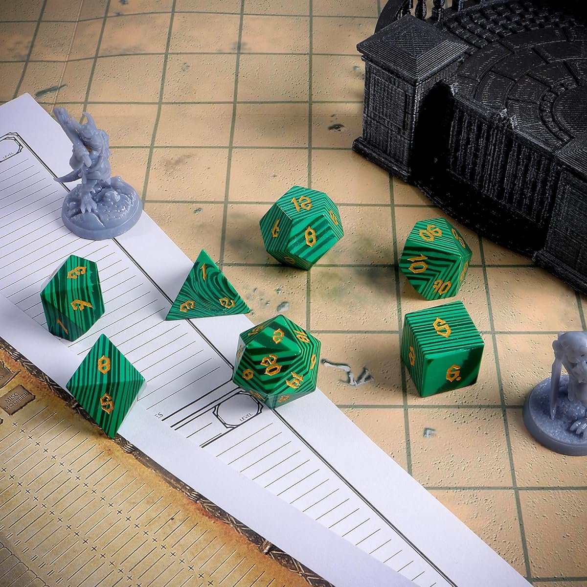 LUCKY-M Malachite Gemstone Dice DND Polyhedral Dice with Case for Dungeons & Dragons MTG Tabletop Game D&D Dice Stone Dice Set D&D for Men Gift