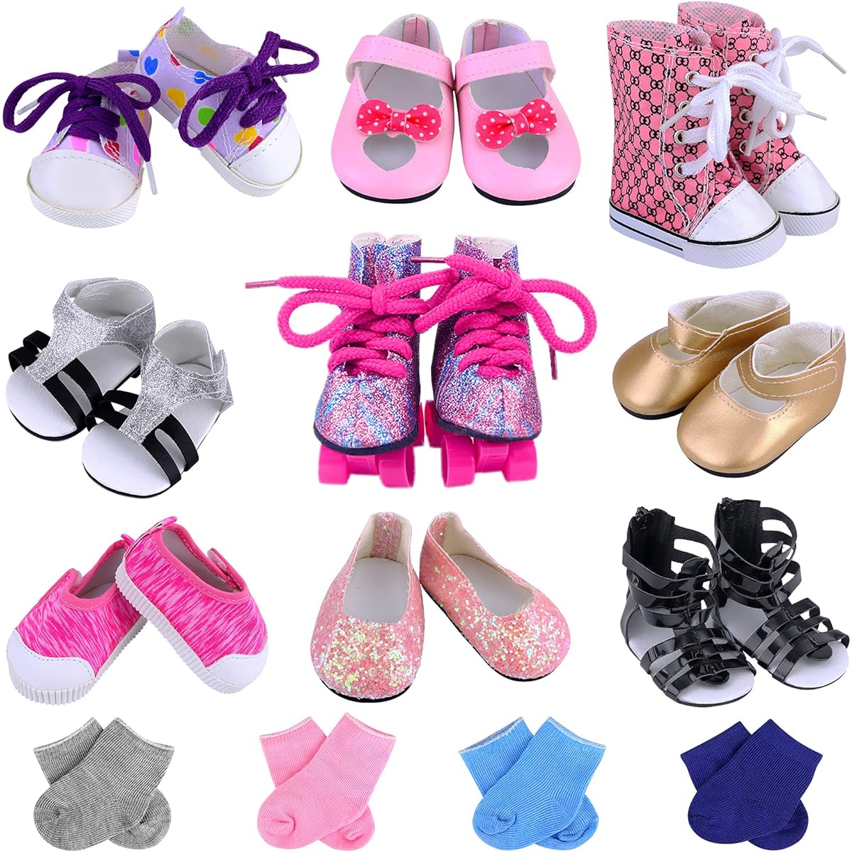 Ecore Fun 18" Girl Doll Accessories with 9 Pairs of Shoes and 4 Pairs of Socks Fits 18" Girl Doll - Sandals, Casual Shoes, Canvas Shoes, Roller Skates and More