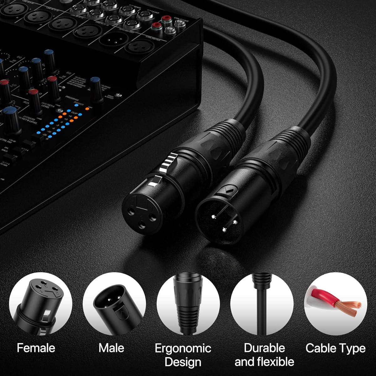 NUOSIYA XLR Cable 20ft 4 Pack Microphone Cable Premium Balanced Mic Speaker Cable with 3 Pin XLR Male to Female DMX Cable Black