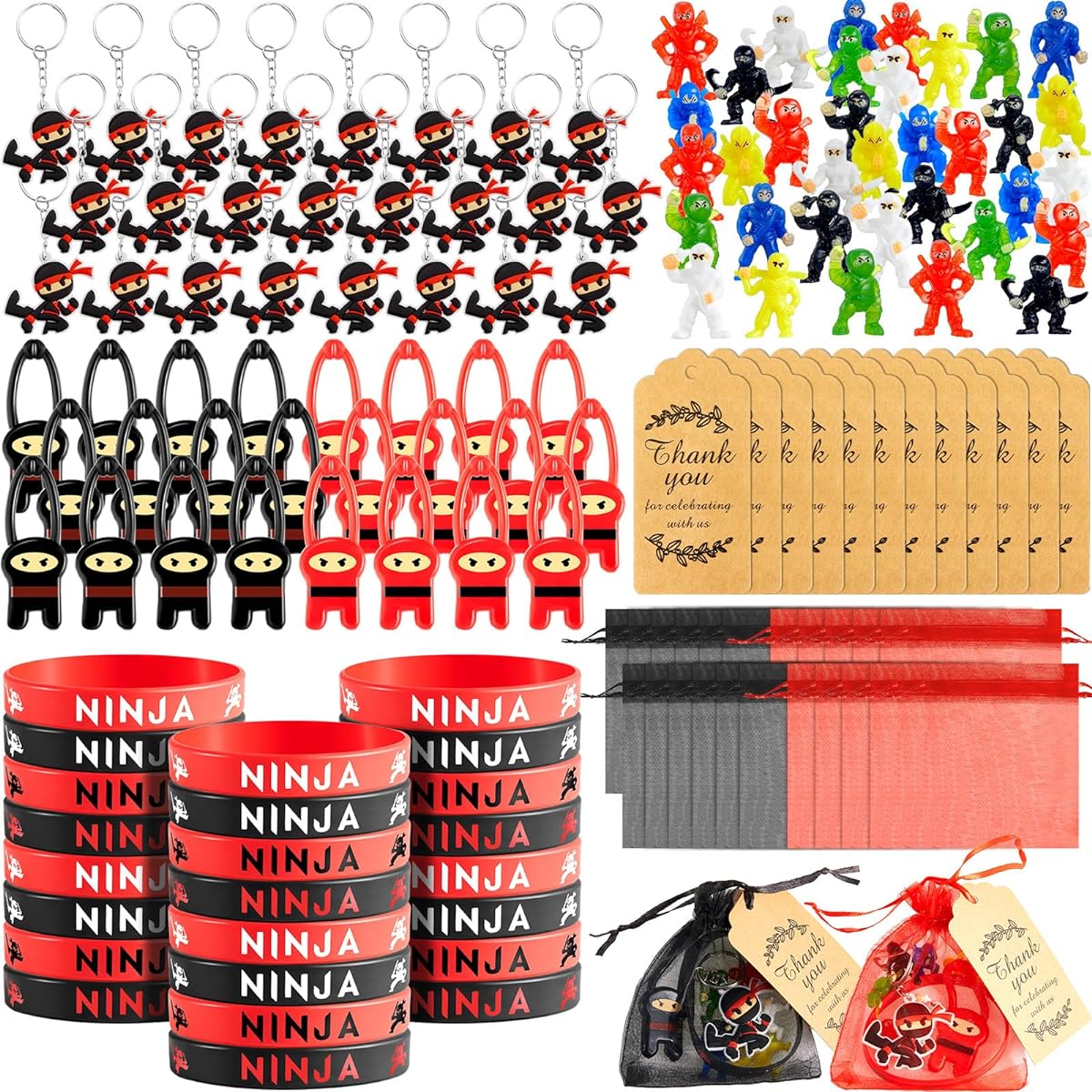 Libima 168 Pieces Ninja Party Favors Karate Birthday Party Supplies Ninja Toys 48 Small Ninja Figures 24 Flying Ninja Toys 24 Silicone Bracelets 24 Key Chains 24 Organza Bags 24 Thank You Cards
