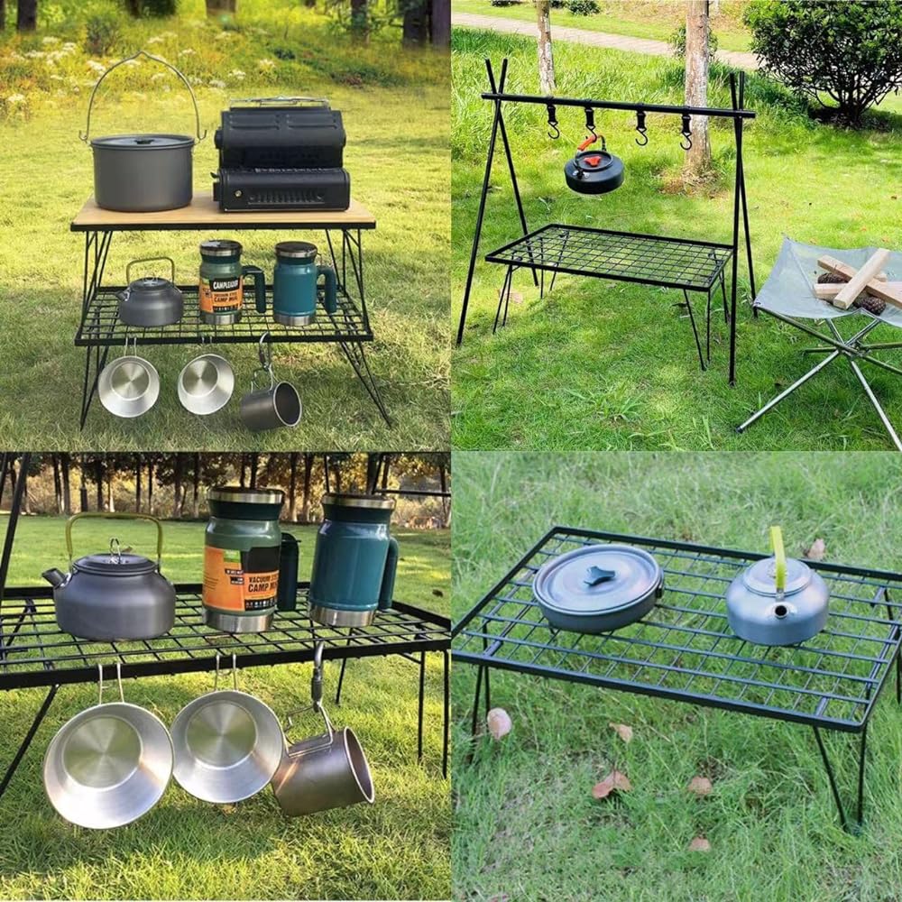 OUTDOORSHIN Field Rack Camping Rack Foldable Storage Rack Outdoor Table Steel Compact Storage Case Included Set of 3