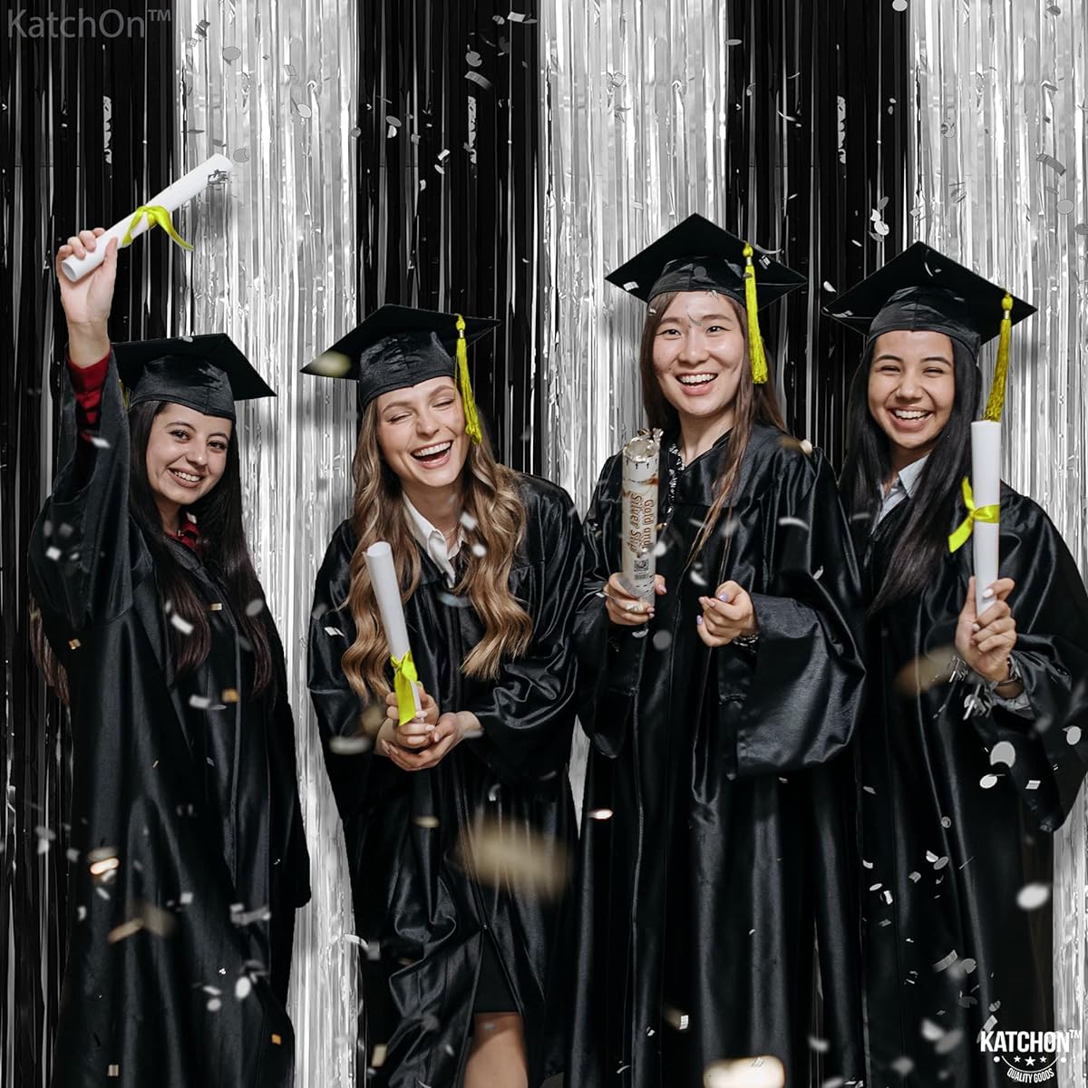 KatchOn Large Black and Silver Fringe Curtains - 2 Pack | Black and Silver Party Decorations with Black and Silver Streamers | Black and Silver Fringe Black and Silver Graduation Decorations